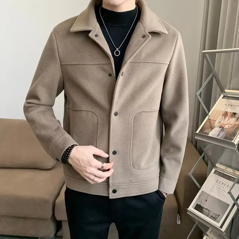 Beige wool-blend men woolen coat with a classic collar and front button closure casual jacket.