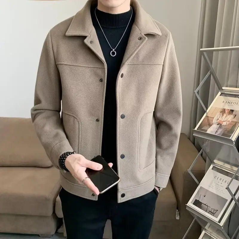 Men woolen coat beige jacket with button closure and flap pockets made of wool for casual wear.