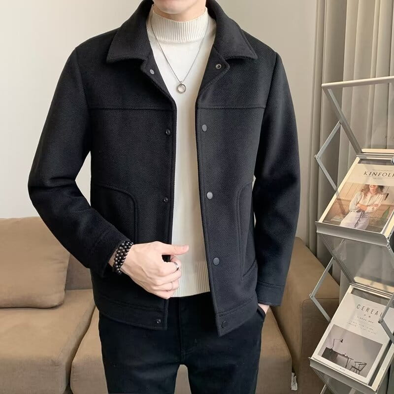 Black woolen jacket with collar and front button closure for men casual wear.