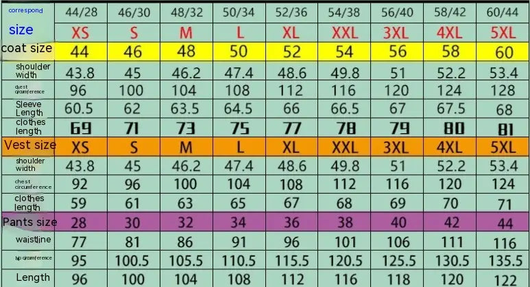 Size chart in centimeters for coat vest and pants of men three piece suit wedding groom slim fit formal attire showing measurements from xs to 5xl.