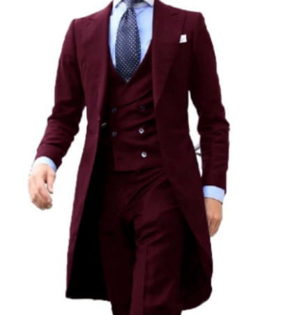 A maroon slim fit men three piece suit with a tailored coat vest and trousers suitable for wedding groom formal attire.
