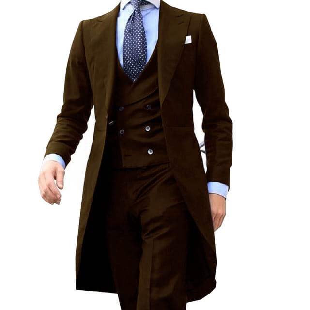 Men three piece suit wedding groom slim fit formal attire featuring a brown notched lapel coat, matching vest, and trousers.