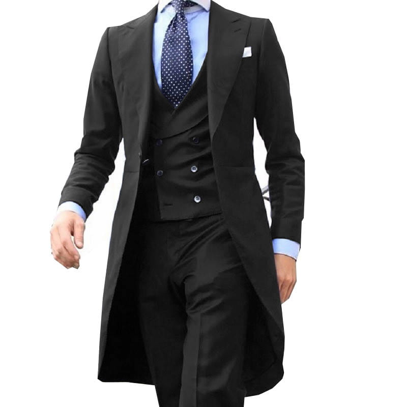 Black tailored men three piece suit with long coat vest and trousers slim fit formal wedding groom attire.
