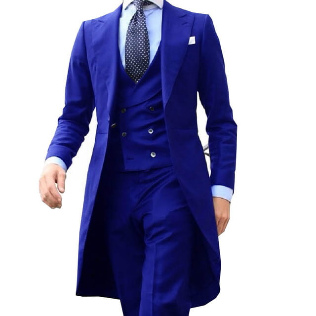 Royal blue slim fit men three piece suit with a notched lapel coat, matching vest, and trousers for wedding groom formal attire.