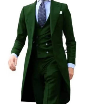 Dark green men three piece suit featuring a slim fit notched lapel coat with matching vest and trousers ideal for wedding groom formal attire.