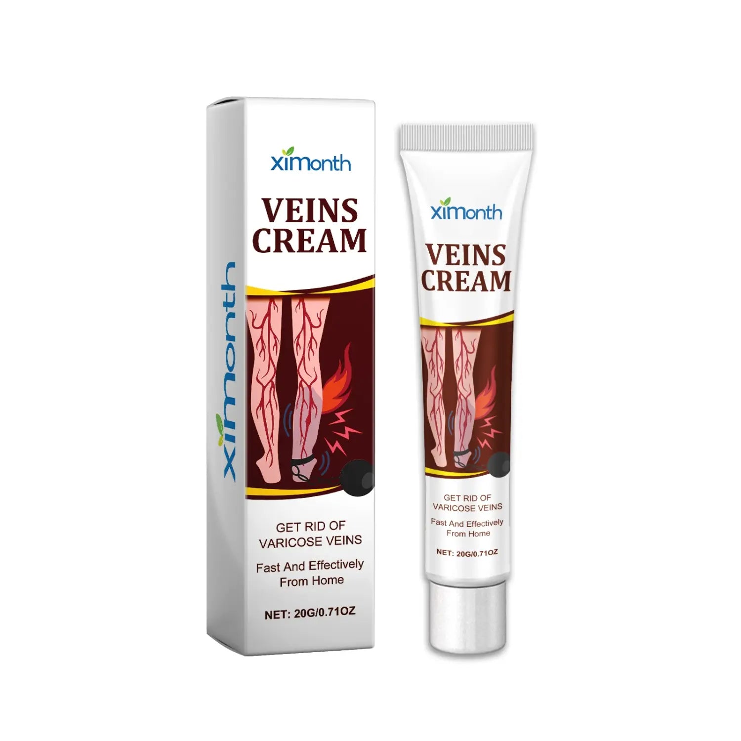 Weiße Tube mit Ximonth-Venen-Creme mit silbernem Verschluss und braunem Etikett, das eine Abbildung von Beinen mit Krampfadern für eine Linderungs-Gel für Arnika und Vitamin E zeigt.