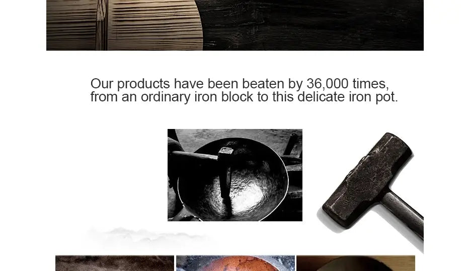 Wok de hierro hecho a mano con exterior de hierro estampado a martillo oscuro y superficie interior lisa y reflectante, que incluye asa de madera y tapa de vidrio.