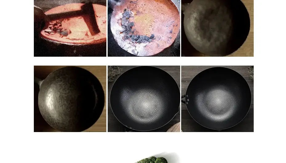 Wok de hierro fundido negro con superficie texturizada y asa de madera, diseñado para cocina artesanal e incluye tapa de vidrio.