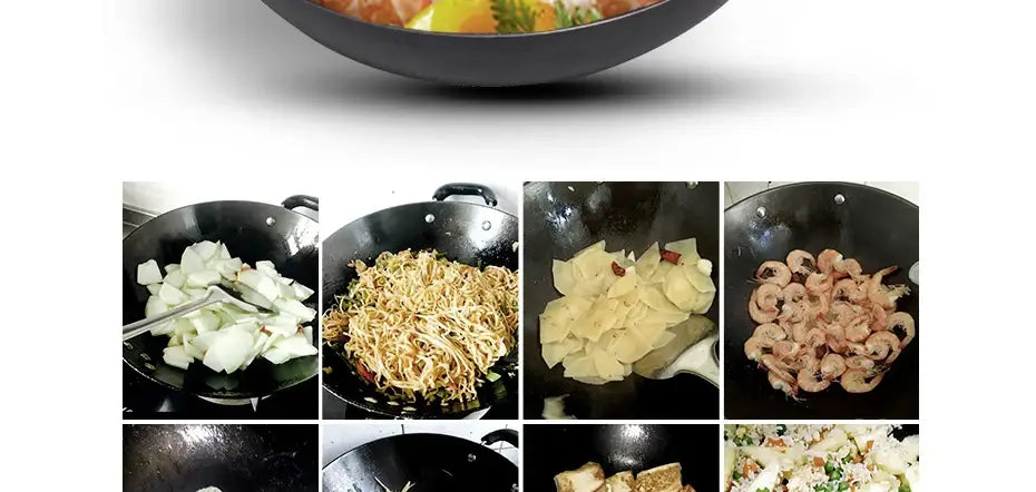 Wok de hierro hecho a mano con asa de madera y tapa de vidrio, mostrado en uso para saltear diversos ingredientes en un wok negro antiadherente con acabado brillante y dos asas resistentes.