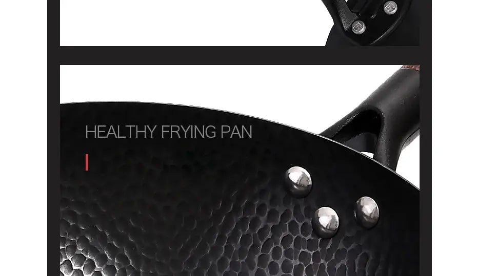 Wok de hierro hecho a mano fabricado en acero negro estampado a martillo con tres remaches plateados y un asa negra, diseñado para cocinar.