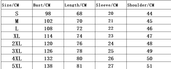 Size chart for a women’s oversized slogan print graphic t-shirt jacket displaying measurements in centimeters for sizes S to 5XL.