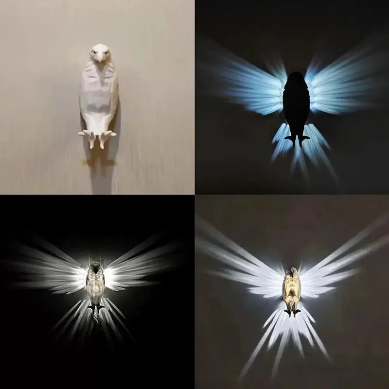 white owl sculpture animal wall lamp with detailed feather texture and outstretched wings 3d printed geometric sconce light displayed in four distinct lighting effects