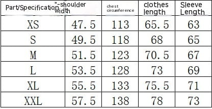 The image shows a size specification table for men’s thickened fur shearling bomber jacket with measurements for shoulder width chest circumference clothes length and sleeve length from xs to xxl.