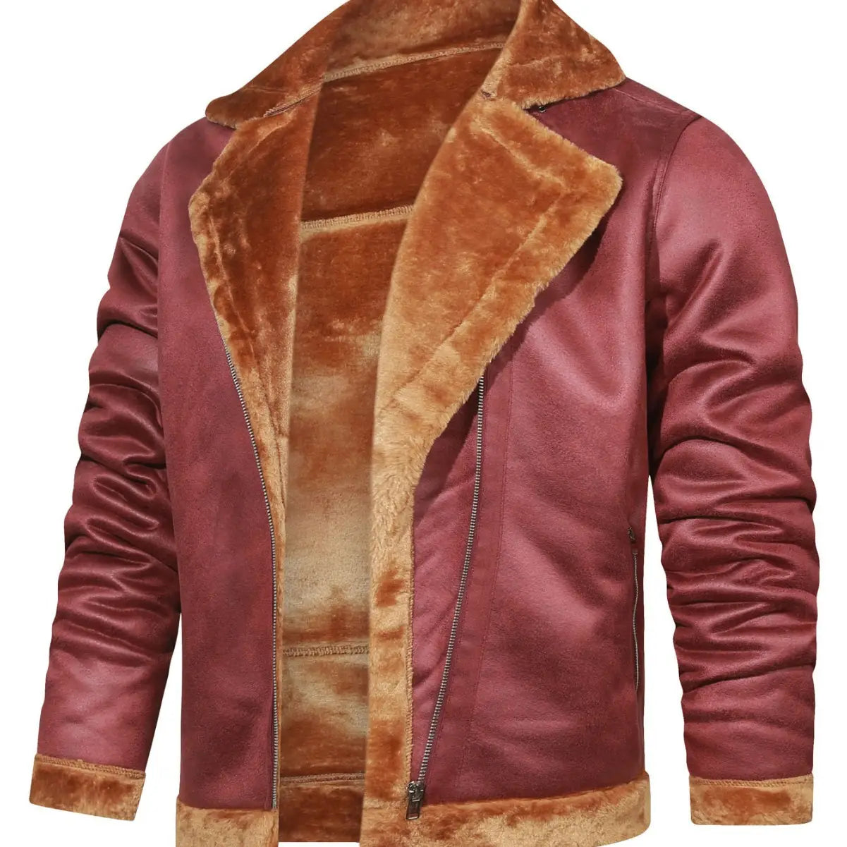 Men’s thickened fur shearling bomber jacket in maroon leather with tan shearling lining and cuffs.