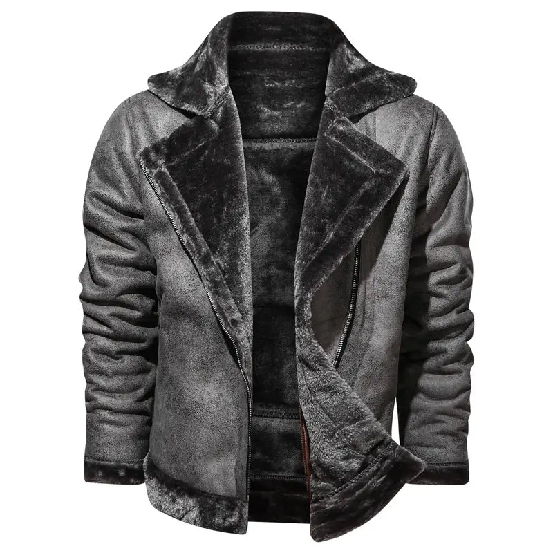 A men’s thickened fur shearling bomber jacket in dark gray with a soft suede exterior and contrasting black fur trim along the collar, cuffs, and hem.