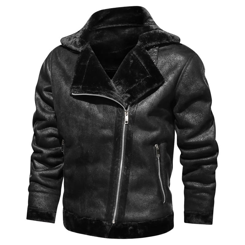 Men’s thickened fur shearling bomber jacket in black with a matte leather exterior and silver zippers.