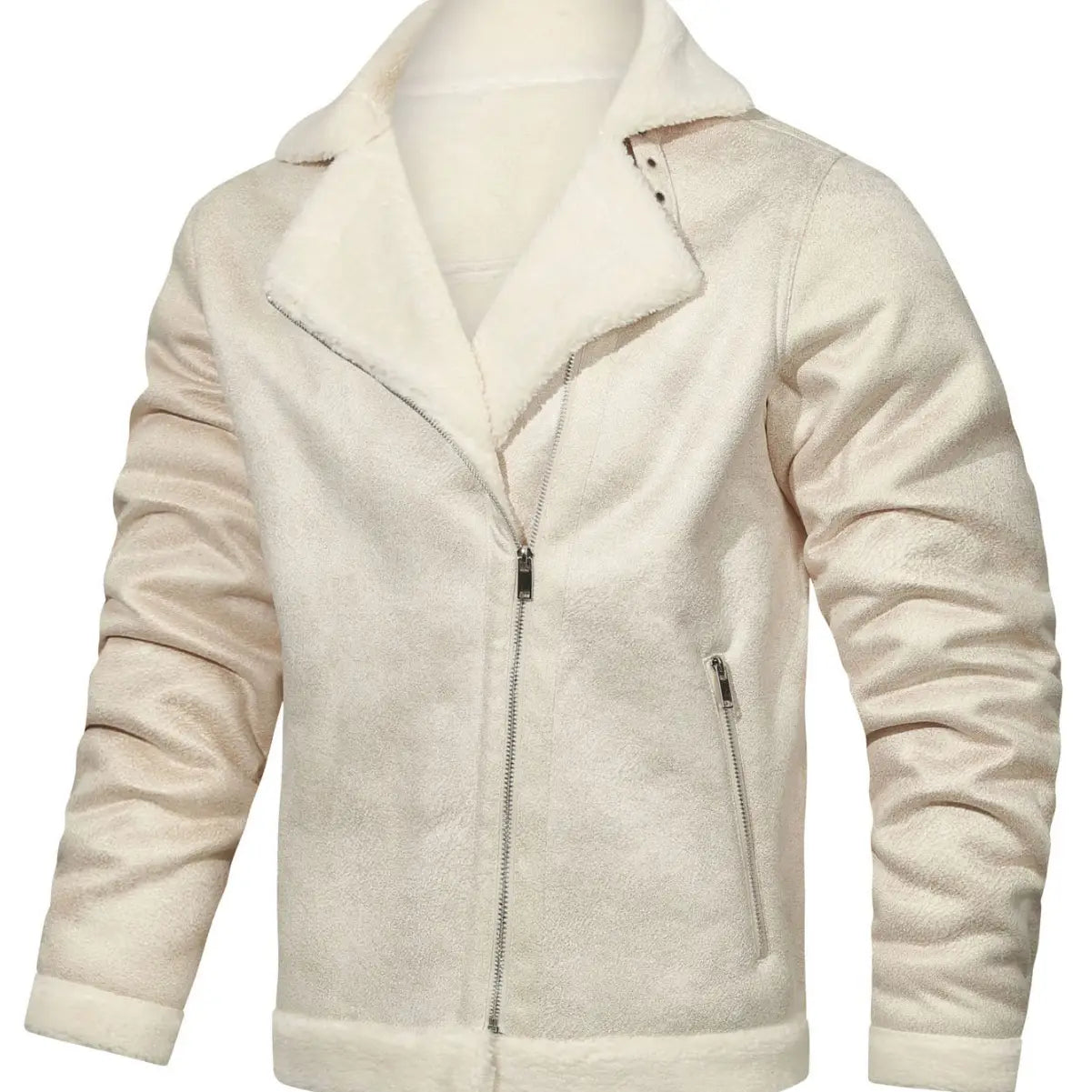 Men’s cream-colored thickened fur shearling bomber jacket featuring a plush, textured exterior and matching fleece-lined collar.