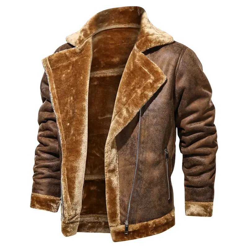 Men’s thickened fur shearling bomber jacket in brown with plush lighter brown interior lining and ribbed cuffs.