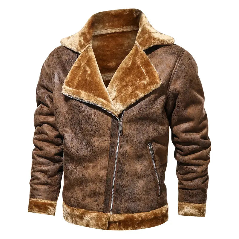 Brown men’s thickened fur shearling bomber jacket with plush tan fur-lined collar and cuffs.