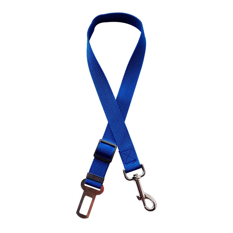 Sangle d’extension de ceinture de sécurité pour chien en nylon bleu, avec boucle en plastique noir et crochets métalliques argentés pour une utilisation avec un harnais de retenue de sécurité réglable