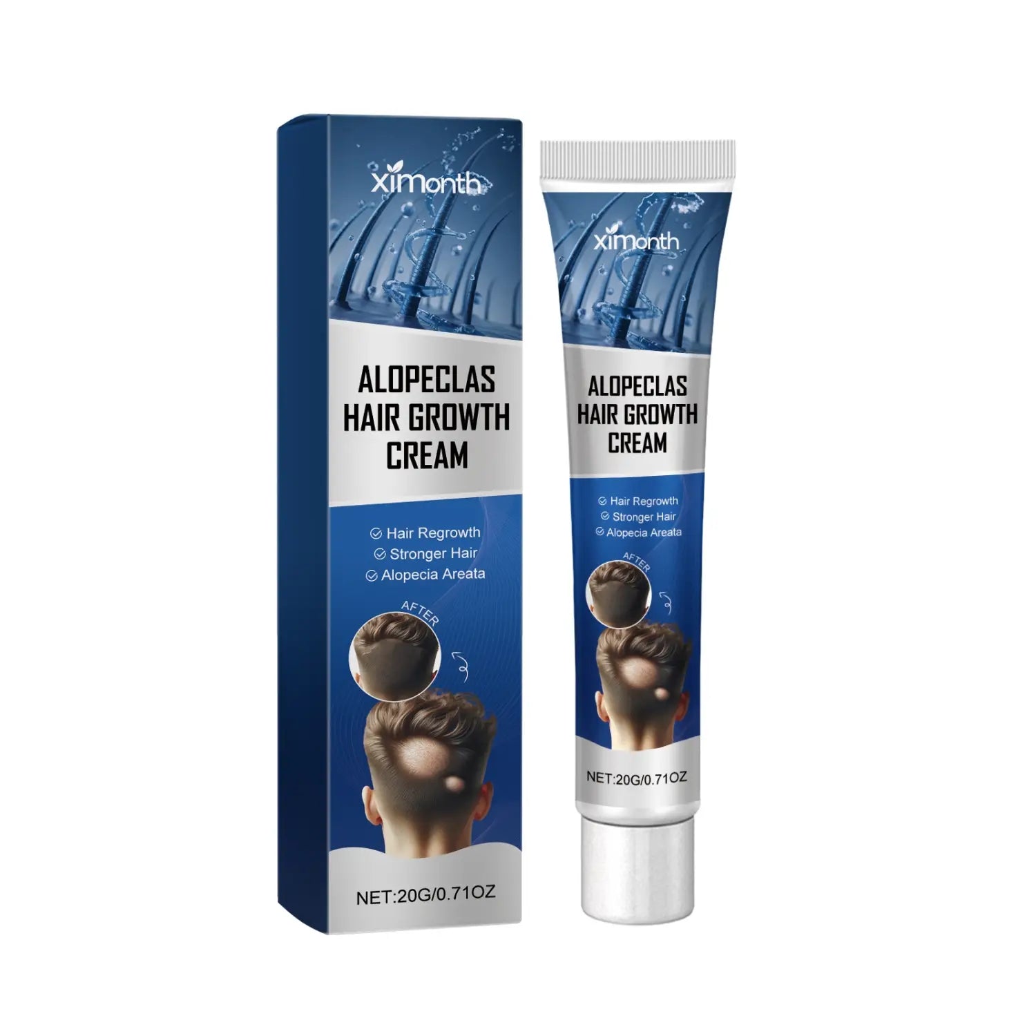 blue and white ximonth alopeclas hair growth cream tube with silver cap shown next to its matching box featuring saffron and ginger extract for hair growth.
