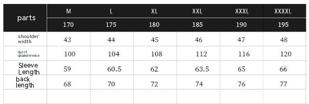 Size chart table for men’s casual thin blazer spring jacket showing measurements in centimeters for sizes M through XXXXL.