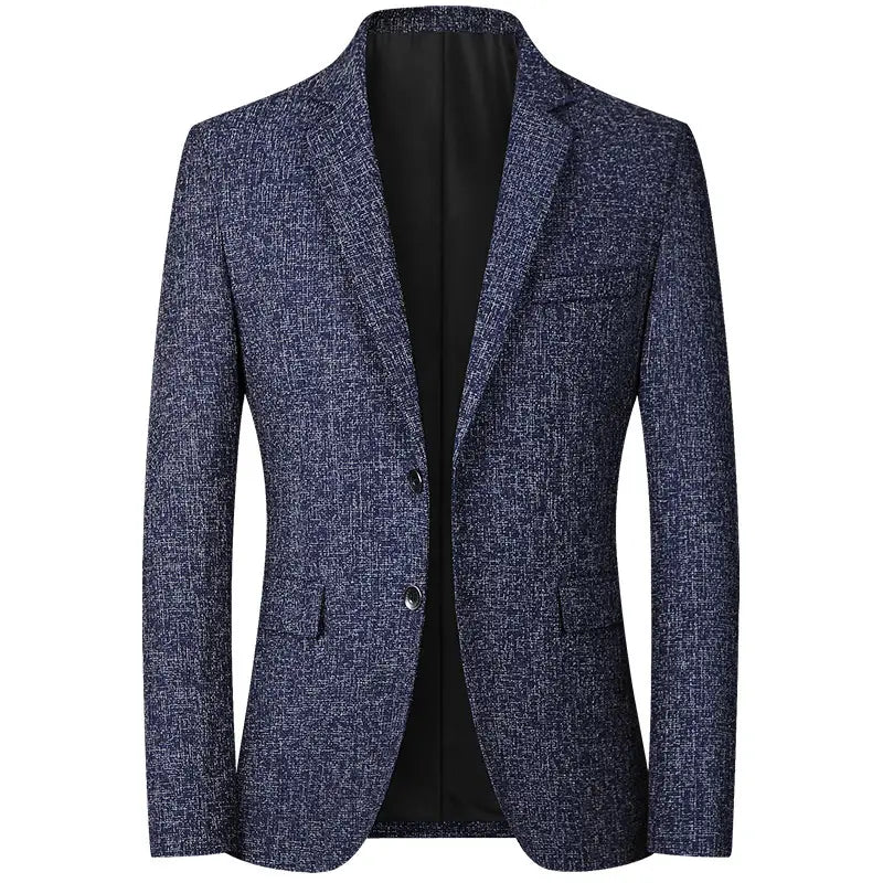 Men’s casual thin blazer spring jacket in navy blue textured wool with two front buttons and flap pockets.
