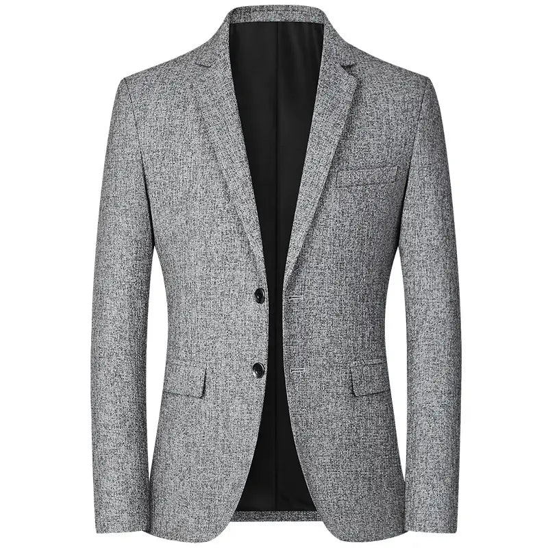 Men’s casual thin blazer spring jacket in gray textured fabric with black buttons and a sleek modern design.