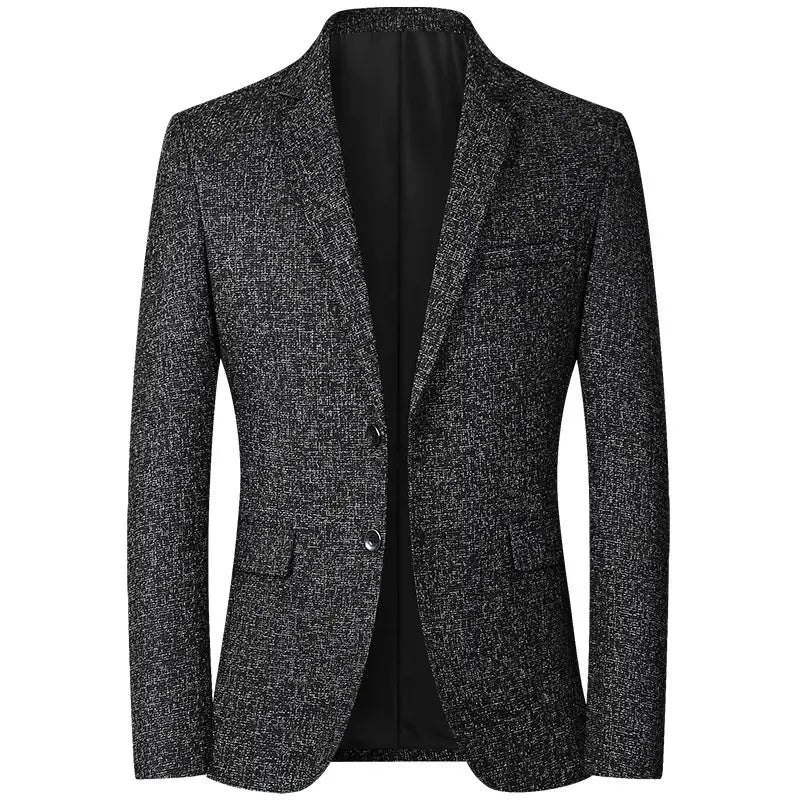 Black and gray textured tweed men’s casual thin blazer spring jacket featuring a classic notched lapel design.