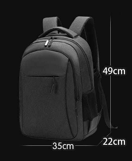 black nylon large capacity laptop backpack travel oxford bag with adjustable shoulder straps and multiple zippered compartments shown from the back side