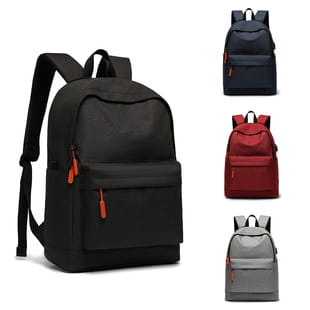 black large capacity laptop backpack made of oxford fabric with orange zipper pulls and adjustable shoulder straps for travel use showing the back side
