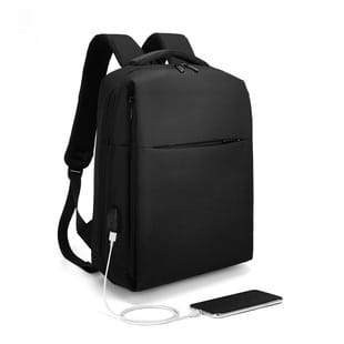 Black nylon large capacity laptop backpack with front zippered pocket and side usb charging port designed for travel and daily use.