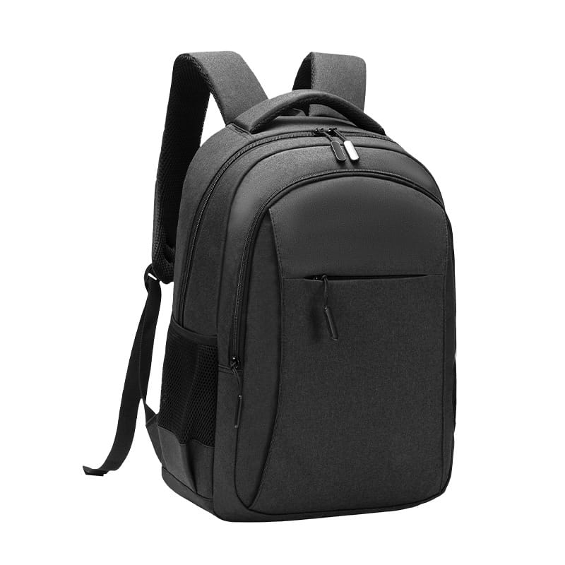 Black large capacity laptop backpack made of oxford fabric with padded shoulder straps and multiple zippered compartments for travel.