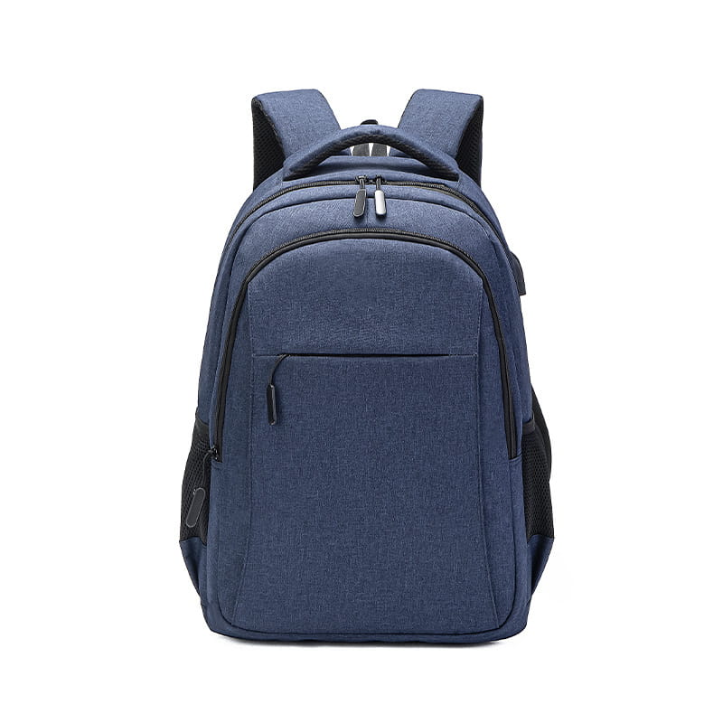 Navy blue textured fabric large capacity laptop backpack with black zippers and mesh side pockets designed for travel and daily use.
