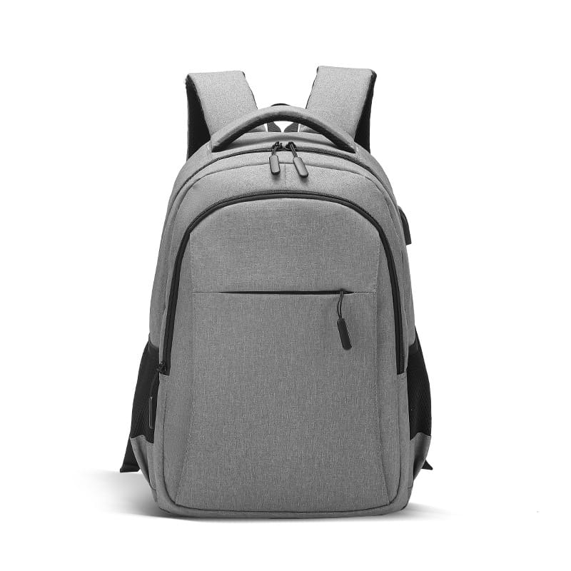 gray textured large capacity laptop backpack made of oxford fabric with black zippers and shoulder straps for travel use