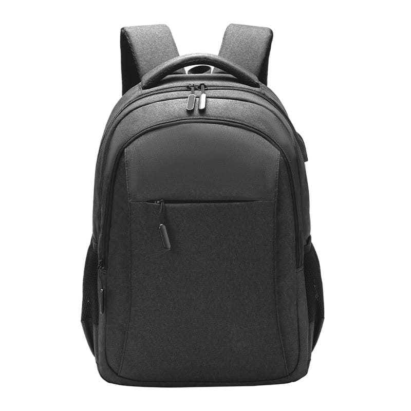 Large capacity black laptop backpack made of textured oxford fabric with subtle gray accents on the shoulder straps for travel use viewed from the back side.