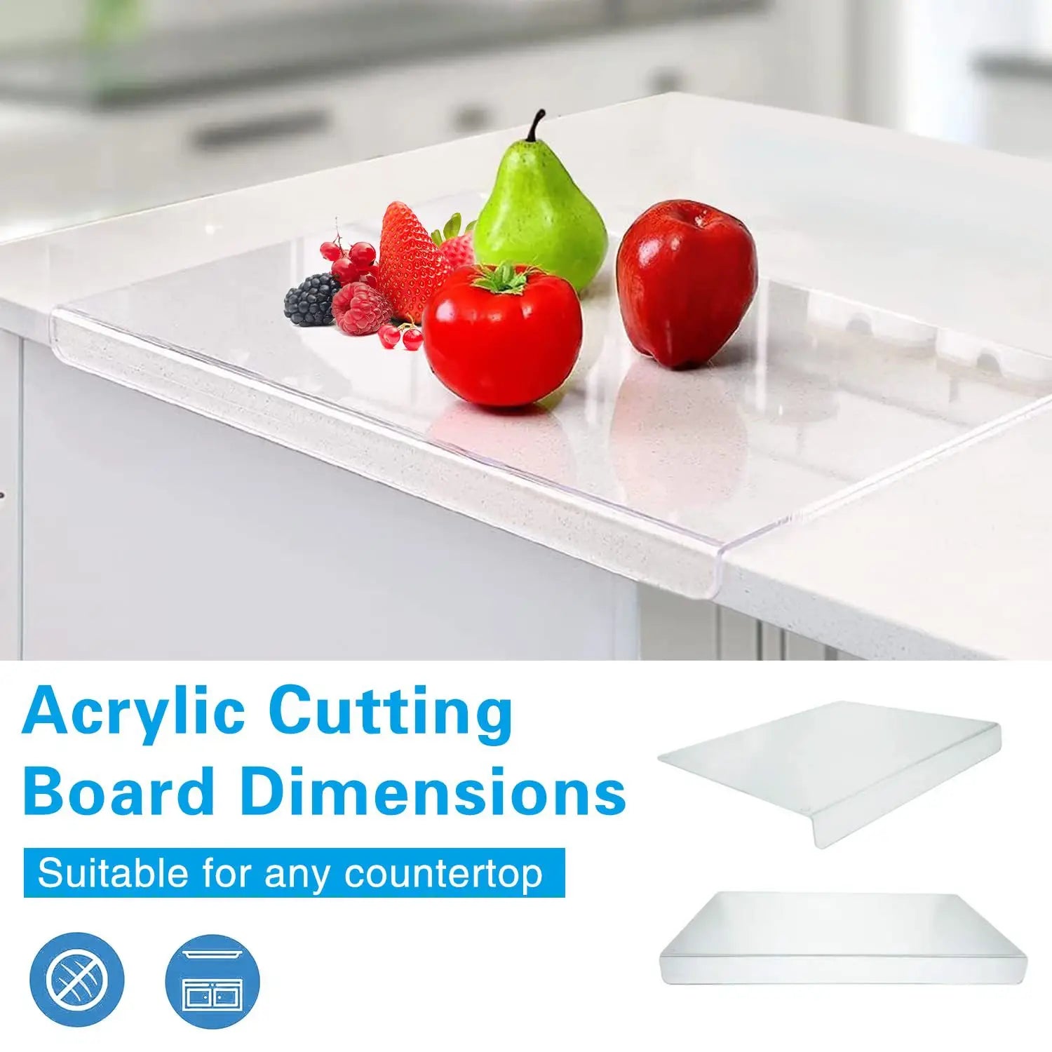 Clear acrylic cutting board with a smooth transparent surface and rounded edges designed as a non slip clear kitchen mat.