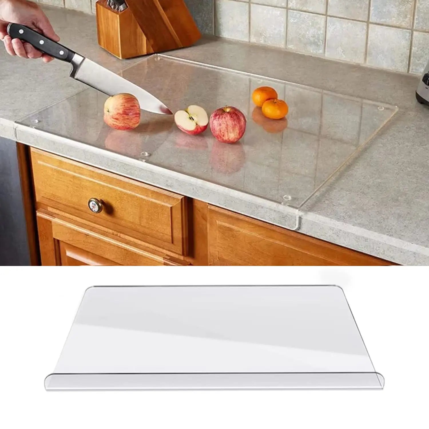 Clear acrylic cutting board with a smooth transparent surface and rounded edges designed as a non slip clear kitchen mat.
