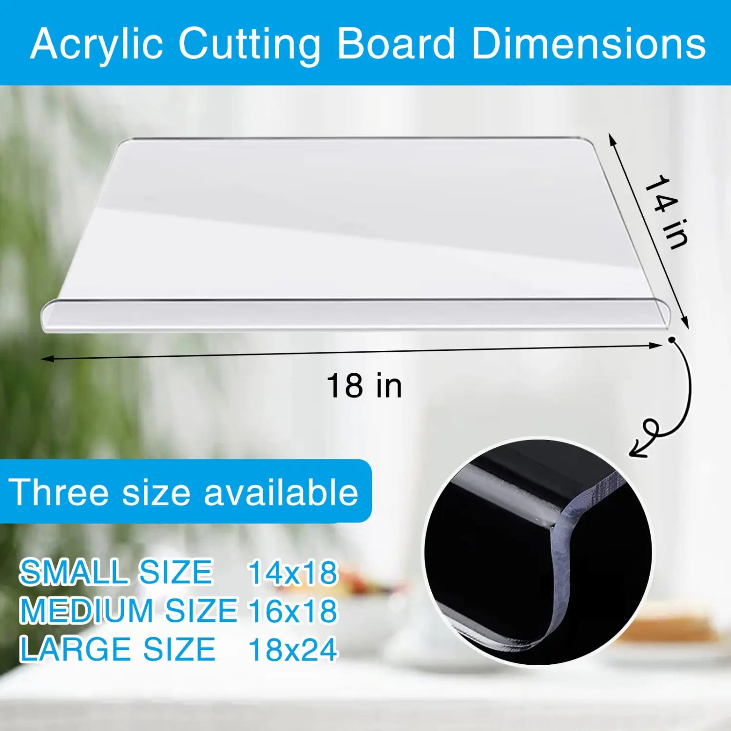 Clear acrylic cutting board with rounded edges and a sleek transparent finish designed as a non slip clear kitchen mat.