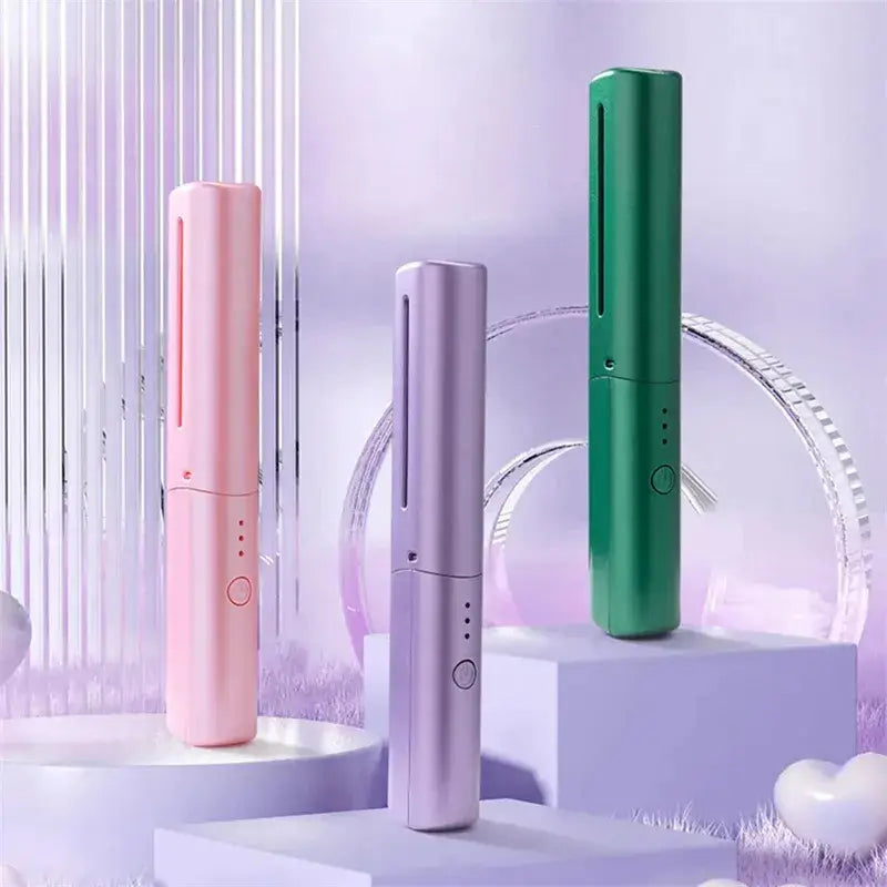 Three sleek cylindrical wireless hair straightener brushes in pastel pink lavender and emerald green with metallic ceramic finishes for portable styling.