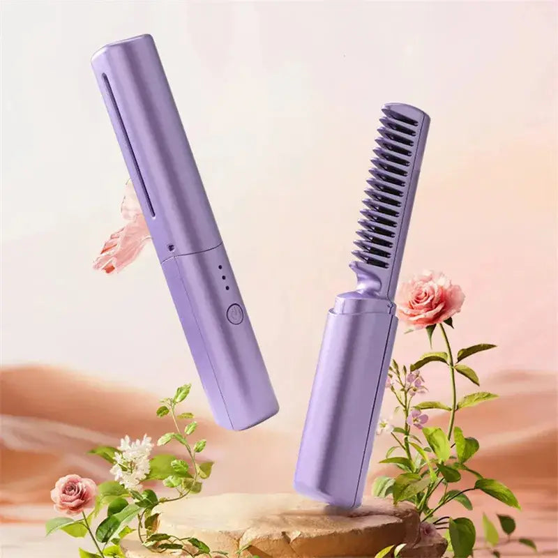 Purple wireless hair straightener brush with a sleek modern design, detachable ceramic comb teeth, and portable electric functionality.