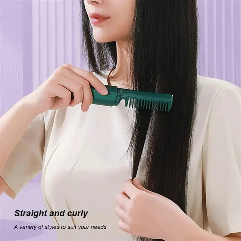 Green plastic wireless hair straightener brush with adjustable ceramic teeth for straightening and curling hair.