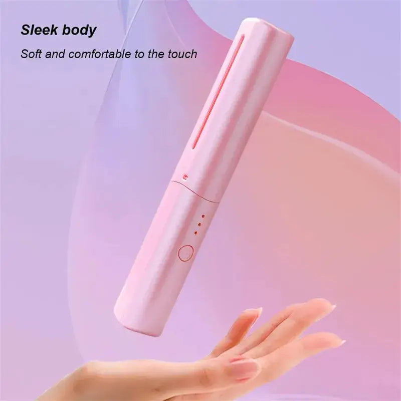 Pink wireless hair straightener brush with a sleek soft-touch design and ceramic comb for portable hairstyling.