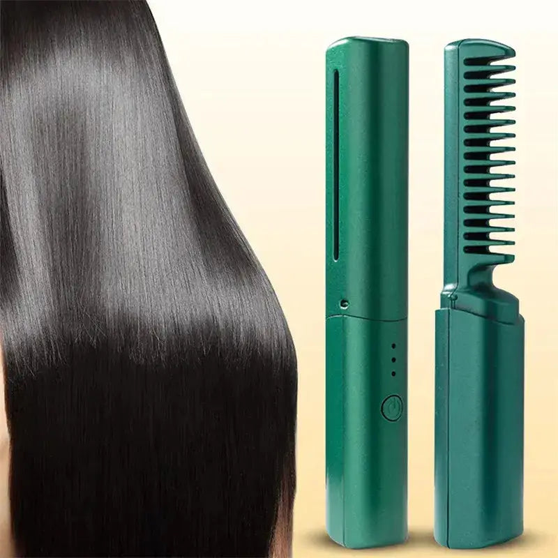 teal metallic wireless hair straightener brush with ceramic comb designed for portable use