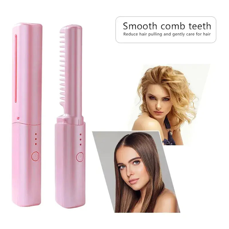 Pink wireless hair straightener brush with smooth rounded ceramic teeth for gentle detangling and portable use.