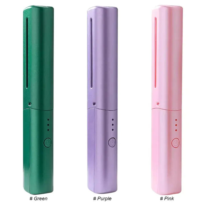 Three slim cylindrical wireless hair straightener brushes in green purple and pink with a portable ceramic comb design.