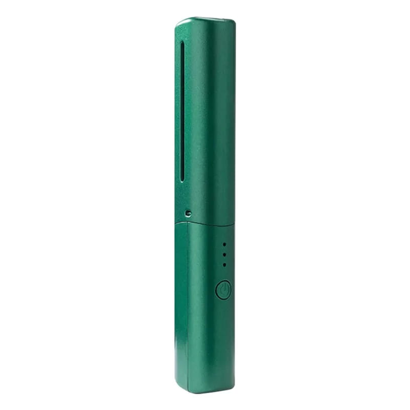 Green metallic cylindrical wireless hair straightener brush with ceramic comb power button and indicator lights for portable use.