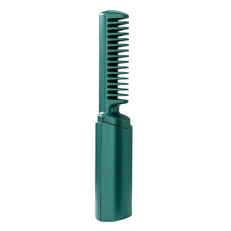 A sleek dark green metallic wireless hair straightener brush with a portable foldable ceramic comb design.