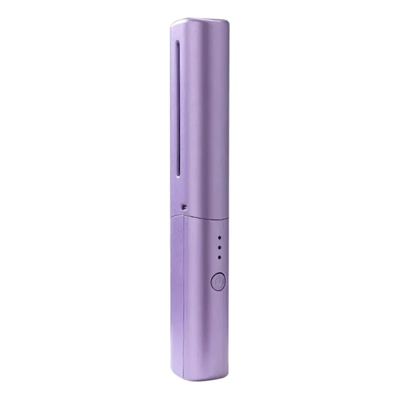 Purple metallic wireless hair straightener brush with sleek cylindrical design ceramic comb and control buttons for portable use.