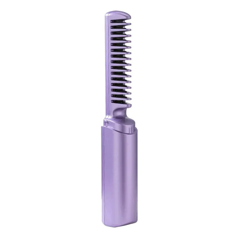 Purple metallic wireless hair straightener brush with portable ceramic comb featuring fine closely spaced teeth.